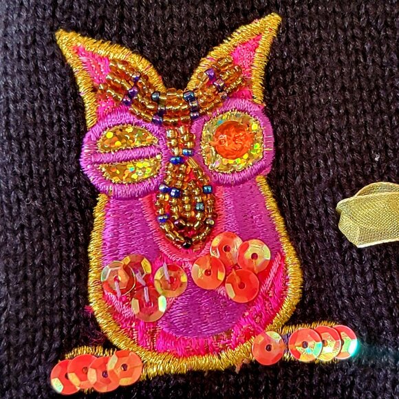 Vintage 90s Y2K Jack B Quick Sequined Beaded Novelty Owl Cardigan Sweater Top - Picture 7 of 16